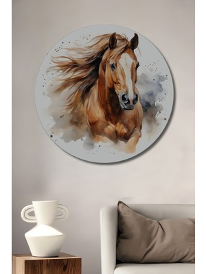 Teona Ahşap Vahşi At Yağlı Boya Görünümlü Ahşap Dekoratif Tablo Yuvarlak Tablo