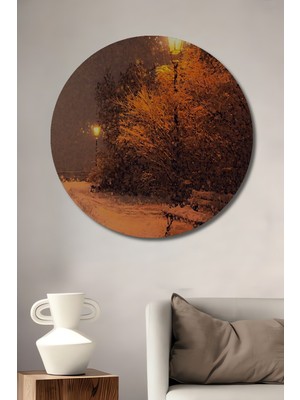 Teona Ahşap Kış Gecesi Sokak Lambası Yağlı Boya Görünümlü Ahşap Dekoratif Tablo Yuvarlak Tablo