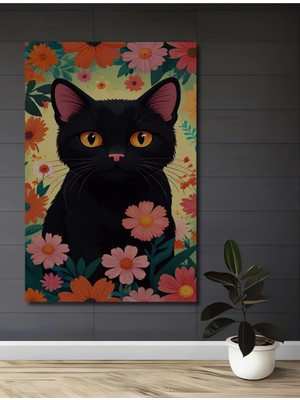 Teona Ahşap Sevimli Kara Kedi ve Çiçekler Sulu Boya Görünümlü Dekoratif Ahşap Tablo Dikdörtgen Tablo