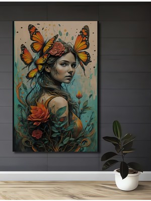 Teona Ahşap Kelebekli Kadın Yağlı Boya Görünümlü Ahşap Dekoratif Tablo Dikdörtgen Tablo