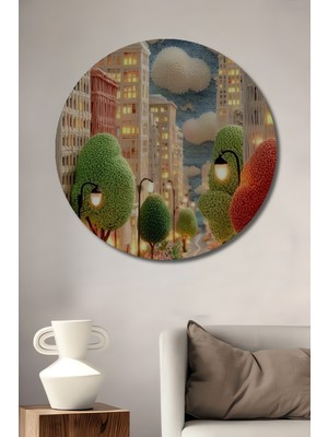 Teona Ahşap Şehir Manzarası Ahşap Dekoratif Tablo Yağlı Boya Görünümlü Modern Sanat Yuvarlak Tablo