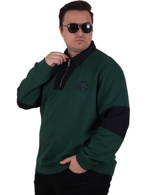 Starbattal Büyük Beden Nefti Polo Yaka Fermuarlı Sweat Double Face 25709 Erkek Regular Fit Uzun Kollu