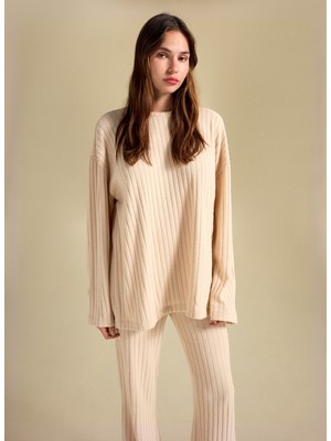 People By Fabrika Bisiklet Yaka Loose Fit Armürlü Bej Kazak Kadın PBF5WL-KZK9529