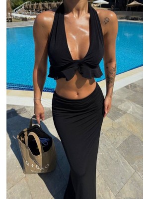 Moderie Butik Kadın Mayo Kumaş Bağlamalı Crop ve Maxi Boy Etek Ikili Takım