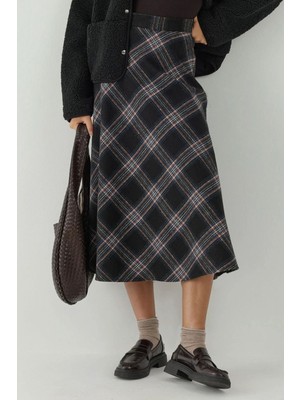 Hiccup Kadın A-Form Kalın Midi Etek Oxford Mavisi