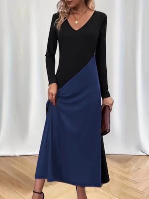 Moderie Butik Kadın Uzun Kollu V Yakalı Blok Desenli Viskon Elbise
