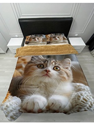 Welsoft Pofuduk Çift Taraflı Sevimli Kedi Desenli Pamuk Polyester Çift Kişilik Yorgan 195 x 215 cm