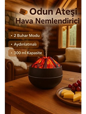 Store Koyu Ahşap Görünümlü Odun Ateşi Tasarımlı Difüzör 300 ml Kahverengi LED Işıklı Hava Nemlendirici