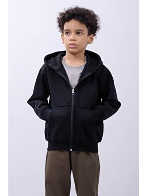 Perendi Çocuk Kapüşonlu Fermuarlı Hırka Düz %100 Pamuk Siyah Uzun Kol 9-10 Yaş