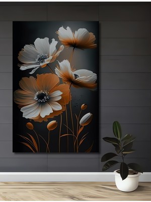 Teona Ahşap Turuncu ve Beyaz Anemon Çiçekleri Sulu Boya Görünümlü Dekoratif Ahşap Tablo Dikdörtgen Tablo