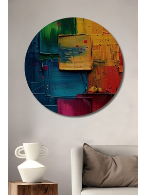 Teona Ahşap Modern Sanat Yağlı Boya Görünümlü Renklerin Dansı Ahşap Dekoratif Tablo Yuvarlak Tablo