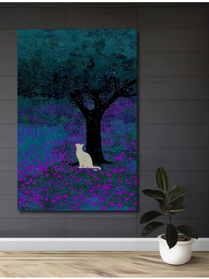 Teona Ahşap Gızemlı Kedi ve Mor Çiçekler Sulu Boya Görünümlü Dekoratif Ahşap Tablo Dikdörtgen Tablo