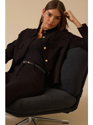 Seçil Kadın Düğmeli Cep Kapaklı Ceket 0005 Siyah