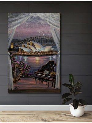 Teona Ahşap Sydney Opera Binası ve Piyano Yağlı Boya Görünümlü Ahşap Dekoratif Tablo Dikdörtgen Tablo
