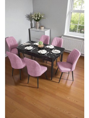 Baresmu Bara Siyah Mermer 80X132 Açılabilir Sunta Masa Yemek Odası Takımı, Mutfak Takımı 6 Adet Sandalye