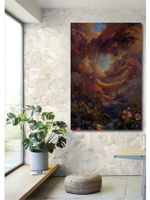 Teona Ahşap Dramatik Gökyüzü ve Çiçek Bahçesi Yağlı Boya Görünümlü Ahşap Dekoratif Tablo Dikdörtgen Tablo