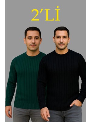 Erkek Fitilli Triko Kazak 2’li Set – Siyah & Haki, Kalın Dokuma Pamuklu Regular Fit Bisiklet Yaka Uzun Kollu Rahat Kışlık Kazak Kombini