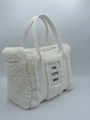 The Tote Bag Kadın Peluş Uzun Nubuk Kolon Askılı El ve Omuz Çantası Beyaz Modern Tasarım