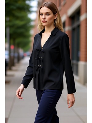PayBuy Kadın Bağcık Detaylı Uzun Kollu Şık Dokuma Gömlek Modeli Ofis ve Günlük Kullanım Ideal Bir Seçim