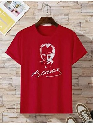 Oversize Kırmızı Tişört Mustafa Kemal Atatürk İmzalı Pamuklu Baskılı Kısa Kol Günlük Stil