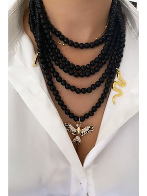 Liveyn Design Siyah Cam Inci Çoklu Kolye