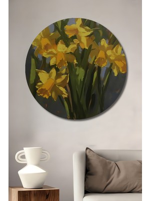 Teona Ahşap Sarı Nergis Baharı Yağlı Boya Görünümlü Ahşap Dekoratif Tablo Yuvarlak Tablo