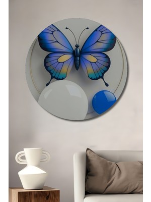 Teona Ahşap Mavi Kelebek Sanat Ahşap Dekoratif Tablo Yağlı Boya Görünümlü Modern Sanat Yuvarlak Tablo