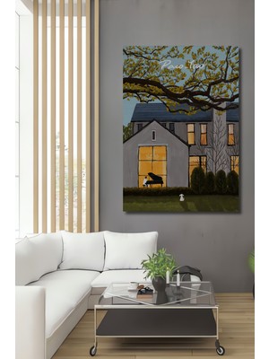 Teona Ahşap Piyano Çalan Adam ve Köpek Suluboya Görünümlü Sanat Tablosu Ahşap Dekoratif Tablo Dikdörtgen Tablo