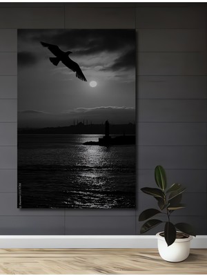 Teona Ahşap Siyah Beyaz Deniz Feneri ve Martı Ahşap Dekoratif Tablo Dikdörtgen Tablo