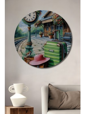 Teona Ahşap Ahşap Dekoratif Tablo Tren Istasyonu Yağlı Boya Görünümlü Sanat Eseri Yuvarlak Tablo