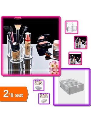 Hereveoyuncak 3 Bölmeli Makyaj Organizer + 8 Bölmeli Akordiyon Çekmece Düzenleyici - 2li Set FLS932