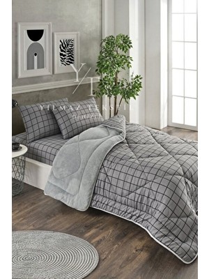 Home Tek Kişilik Welsoft Yorgan Uyku Seti Füme Kare Geometrik Desenli 155 x 215 cm Yorgan