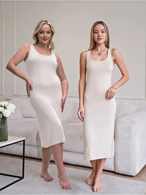 Lirona 27372 Premium Kumaş Viskon Diz Altı Uzun Esnek Rahat Kalın Askılı Kombinezon Elbise Jüpon