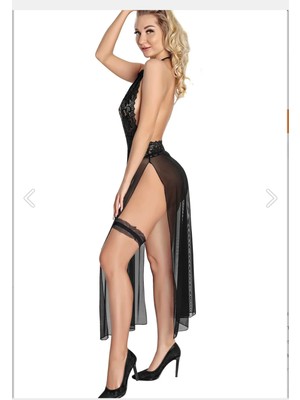 Nivene SİYAH TRANSPARAN FANTEZİ TÜL GECELİK TAKIM DANTELLİ YIRTMAÇLI TÜL SEKSİ YENİ GELİN ÇEYİZ TAKIM