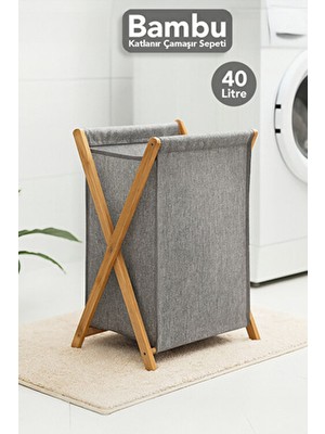 Meleni Home Katlanır Bambu Çamaşır Sepeti - Yıkanabilir Iç Hazneli Natural Kirli Çamaşır Sepeti 40 Lt Gri
