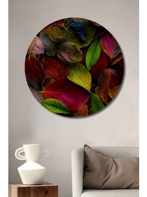 Teona Ahşap Sonbahar Yaprakları Yağlı Boya Görünümlü Ahşap Dekoratif Tablo Yuvarlak Tablo