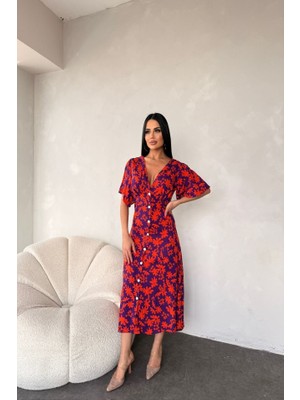 Etiler Collection Kadın Göğüs Dekolteli Yaprak Desen Dokuma Viskon Kumaş Maxi Boy Elbise