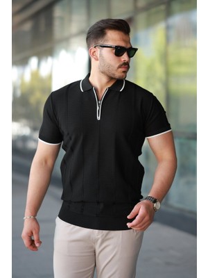 Etiler Collection Erkek Dikey Kabartmalı Örgü Dokulu Fermuar Yakalı Tişört