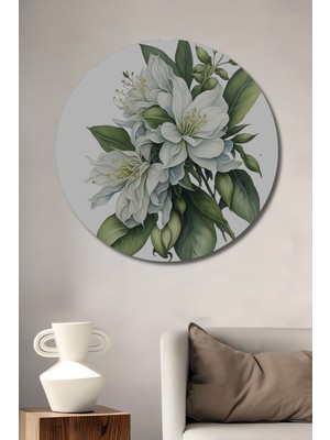 Teona Ahşap Beyaz Çiçekler Sulu Boya Görünümlü Ahşap Dekoratif Tablo Yuvarlak Tablo