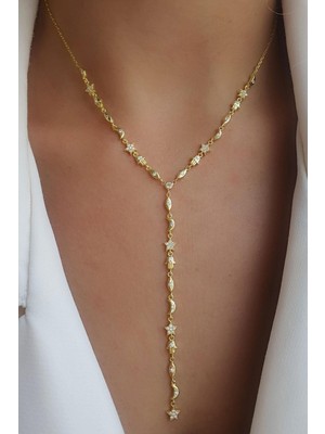 Zirkon Taş Detaylı 925AYAR Gümüş Üzerine Altın Kaplama Şans Y Kolyesi