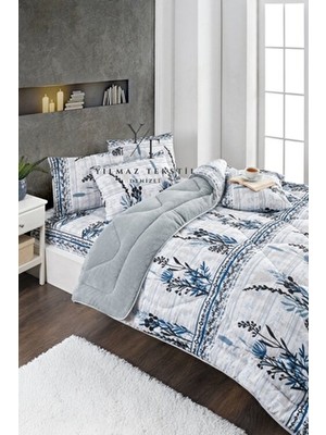 ChicMaison Çift Kişilik Pofuduk Uyku Seti Lastikli Çarşaflı Mavi Dal 195 x 215 cm Çiçek Desenli Ranforce