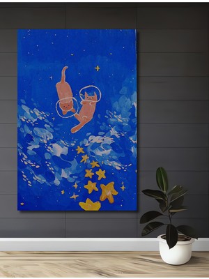 Teona Ahşap Astronot Kedi Yağlı Boya Görünümlü Ahşap Dekoratif Tablo Dikdörtgen Tablo