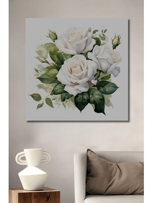 Teona Ahşap Beyaz Gül Bahçesi Sulu Boya Görünümlü Dekoratif Ahşap Tablo Dikdörtgen Tablo