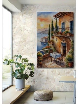 Teona Ahşap Akdeniz Esintisi Sulu Boya Görünümlü Ahşap Dekoratif Tablo Dikdörtgen Tablo