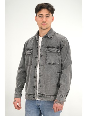 Souris Erkek Füme Yıkamalı Kot Ceket Rahat Kalıp Gömlek Yaka Kapaklı Çift Cep