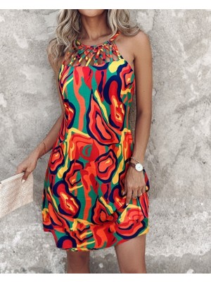 Etiler Collection Kadın Omuzlardan Açık Çapraz Şerit Detaylı Desenli Süprem Elbise