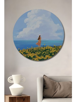 Teona Ahşap Bahar Meltemi Sulu Boya Görünümlü Ahşap Dekoratif Tablo Yuvarlak Tablo