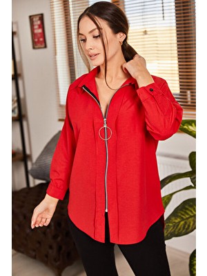 Armonika Kadın Kırmızı Önü Fermuarlı Salaş Gömlek ARM-21K024090