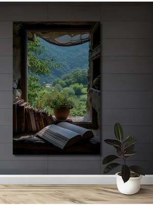 Teona Ahşap Kitap Dolu Pencereden Yeşil Doğa Manzarası Yağlı Boya Görünümlü Ahşap Tablo Dikdörtgen Tablo