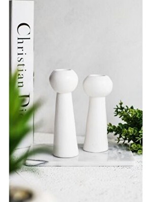 Lalezen Home Beyaz Taş Tozu Malzemeden 2li Dekor Ayaklı Şamdan Mumluk Şık Görünüm